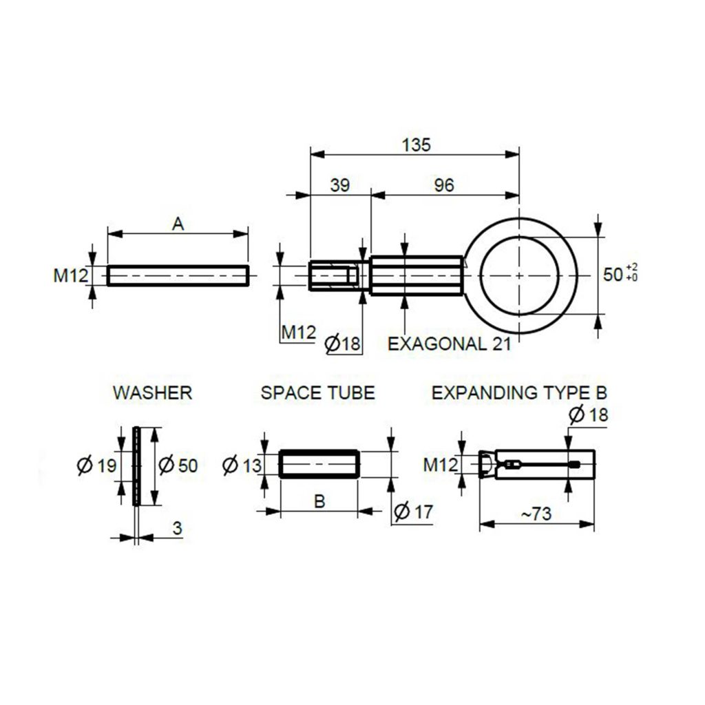 disegno viti occhio occhiolo saldato 50 corpo esagonale femmina metrico